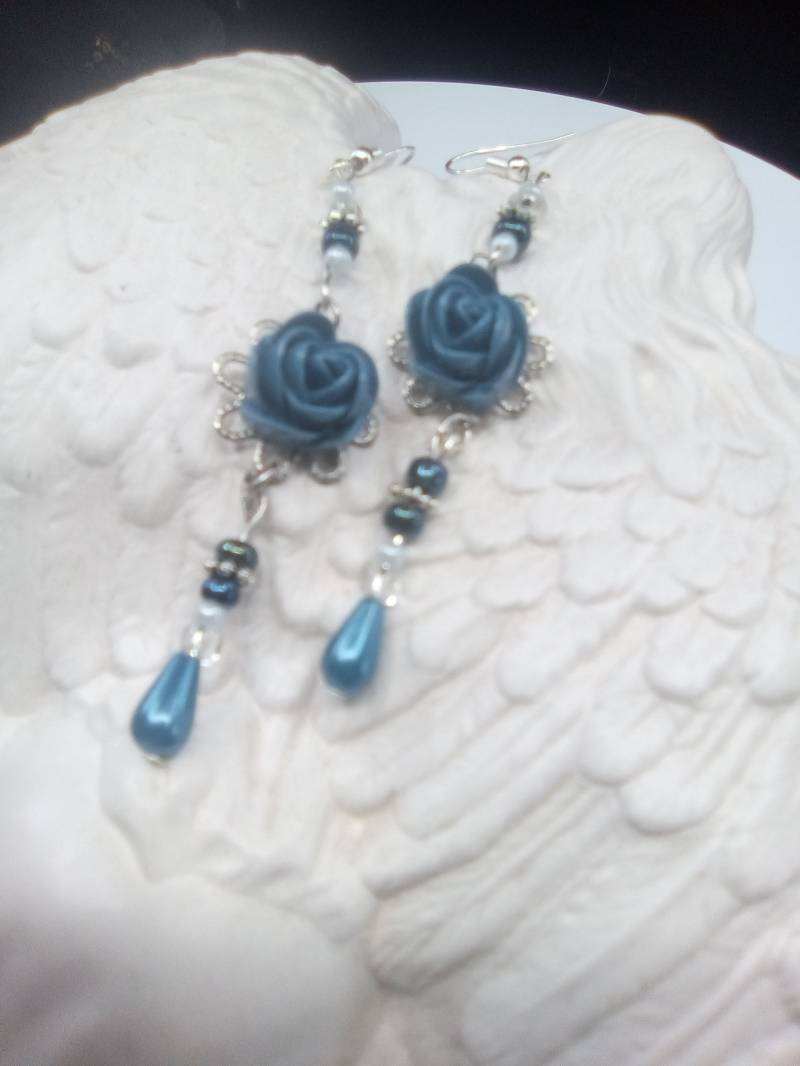 Vintagesteampunksteamempressdesignsbluerosepearlcrystal Drop Ohrringe von SteamEmpressDesign