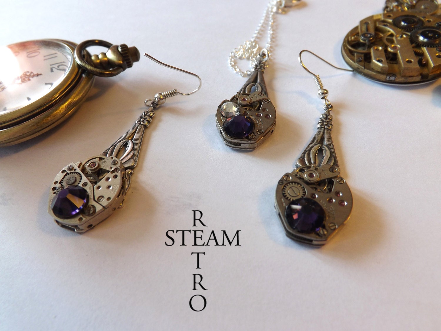 Steampunk Amethyst Ohrringe Und Halskette Set - Schmuck Von Steamretro Personalisierter Steampunk Amethyst Ohrringe Und Halskette Set - Schmuck Von Steamretro Personalisierter von SteamRetro