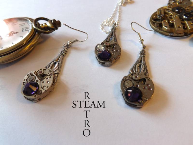 Steampunk Amethyst Ohrringe Und Halskette Set - Schmuck Von Steamretro Personalisierter Steampunk Amethyst Ohrringe Und Halskette Set - Schmuck Von Steamretro Personalisierter von SteamRetro