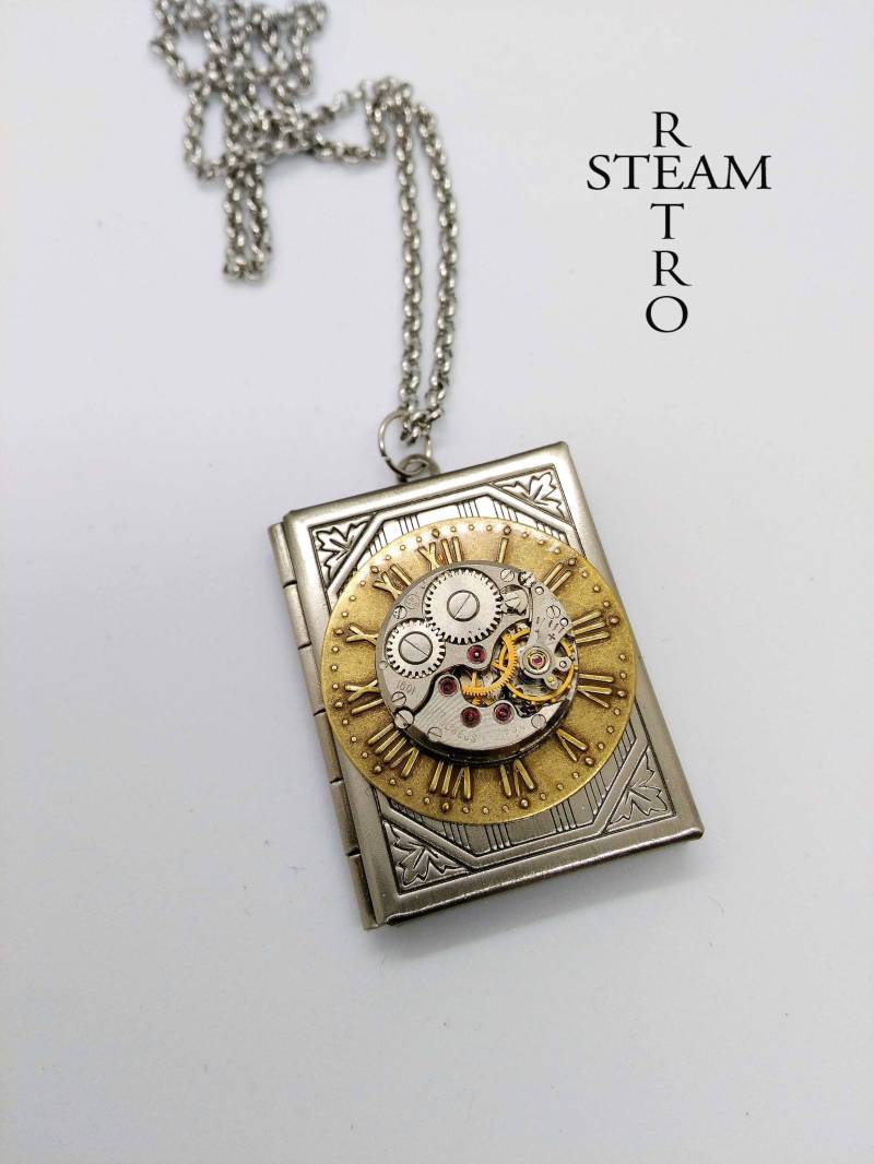 steampunk Halskette, Buch Medaillon Halskette Mit Uhrwerk - Schmuck steampunk Halskette, Buch Medaillon Halskette Mit Uhrwerk - Schmuck von SteamRetro