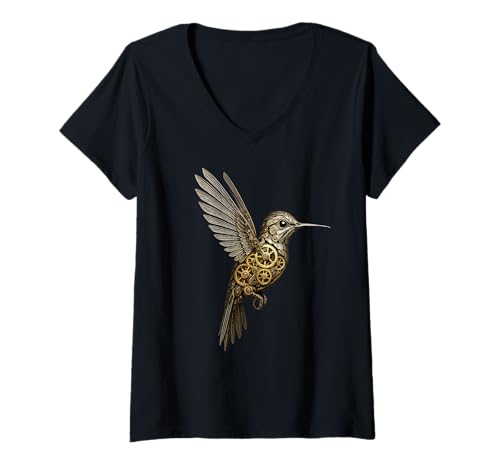 Damen Uhrwerk Kolibri Kunstwerk T-Shirt mit V-Ausschnitt Damen Uhrwerk Kolibri Kunstwerk T-Shirt mit V-Ausschnitt von Steampunk Art