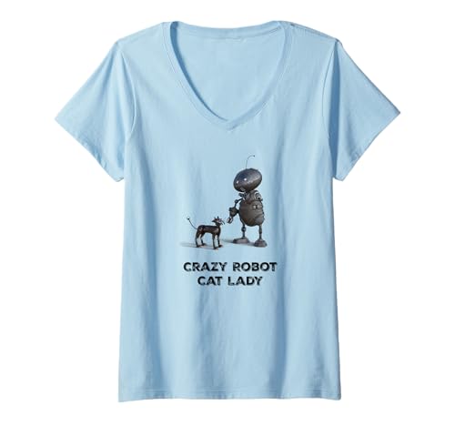 Damen Steampunk-Katzenroboter-T-Shirt: Crazy Robot Cat Lady-Shirt T-Shirt mit V-Ausschnitt Damen Steampunk-Katzenroboter-T-Shirt: Crazy Robot Cat Lady-Shirt T-Shirt mit V-Ausschnitt von Steampunk Cat and Robots Shop