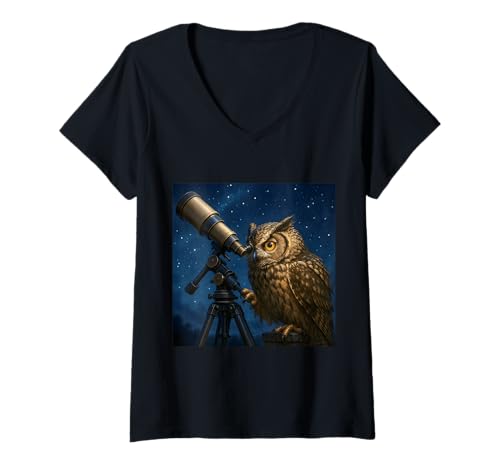 Damen Fantasy Eule Teleskop Nacht T-Shirt mit V-Ausschnitt von Steampunk Cool Vintage Creations