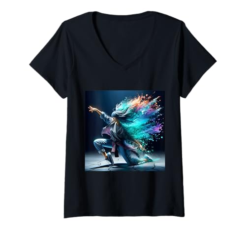 Damen Fantasy Junges tanzendes Mädchen T-Shirt mit V-Ausschnitt von Steampunk Cool Vintage Creations