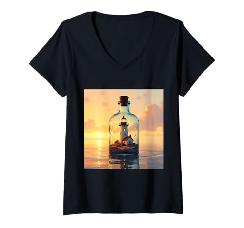 Damen Fantasy Leuchtturm in Flasche T-Shirt mit V-Ausschnitt von Steampunk Cool Vintage Creations