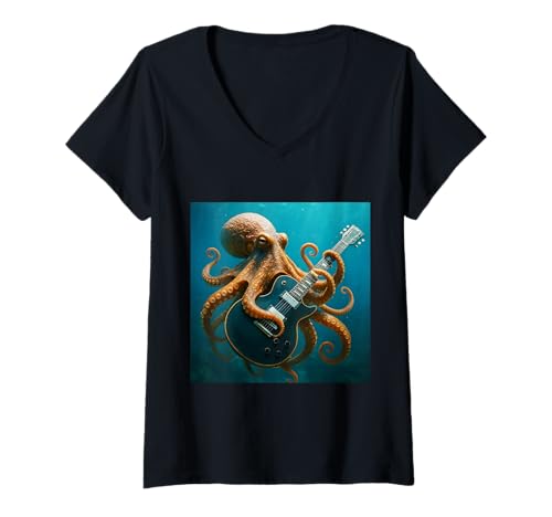 Damen Fantasy Octopus spielt Gitarre T-Shirt mit V-Ausschnitt von Steampunk Cool Vintage Creations