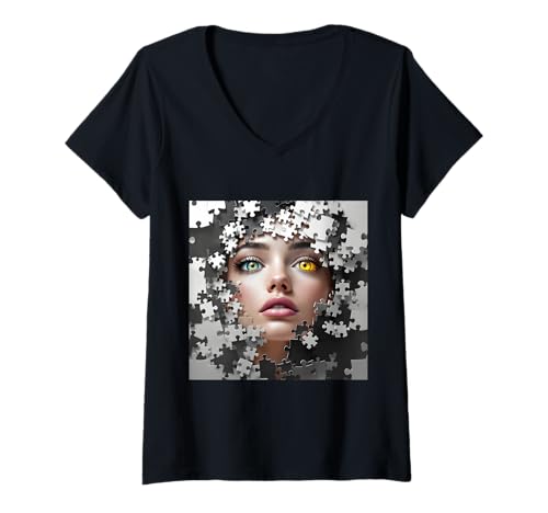 Damen Fantasy-Puzzle Mädchengesicht T-Shirt mit V-Ausschnitt von Steampunk Cool Vintage Creations
