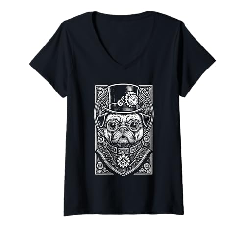 Damen Steampunk-Hunde-Outfit, Fantasy, mechanisch, Mops-Liebhaber, Kunst T-Shirt mit V-Ausschnitt von Steampunk Dog Futuristic Fantasy Pug Art