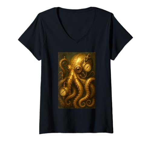 Damen Steampunk Octopus Taucherhelm Kunstwerk T-Shirt mit V-Ausschnitt Damen Steampunk Octopus Taucherhelm Kunstwerk T-Shirt mit V-Ausschnitt von Steampunk Fantasy