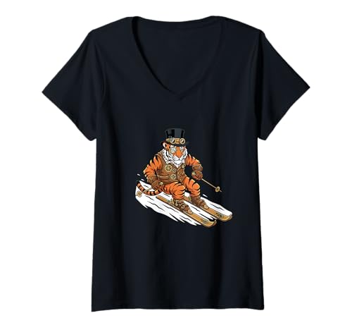 Damen Tiger Auf Skiern Steampunk Alpen Winter Abenteuer T-Shirt mit V-Ausschnitt von Steampunk Tiger Skifahren Zahnräder Winter Sport