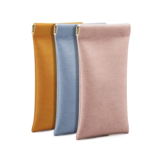 3 Stück Leder Brillenetuis PU Weiches Pouch Squeeze Top Portable Glasses Cases für Männer Frauen(Rosa Gelb Blau) von SteelFever