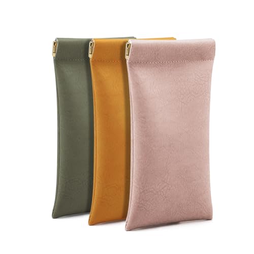 3 Stück Leder Brillenetuis PU Weiches Pouch Squeeze Top Portable Glasses Cases für Männer Frauen(Rosa Gelb Grün) von SteelFever