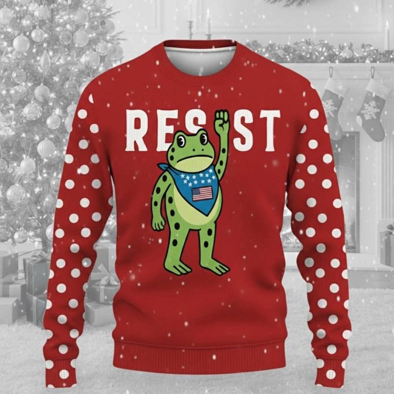 Resist Frog Red & White Polka Dot Crewneck - Unisex Patriotic Ugly Christmas Sweater Activist Holiday Jumper von StefaniesAtelier