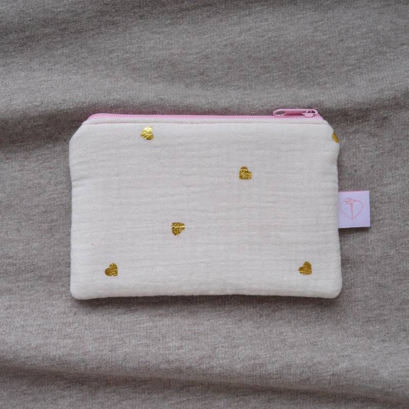 Minitäschchen Musselin Mit Herzen | Kleiner Geldbeutel Rosa Gold Kleines Reißverschlusstäschchen Aus Stoff Herzmuster von SteffisStofftraeume