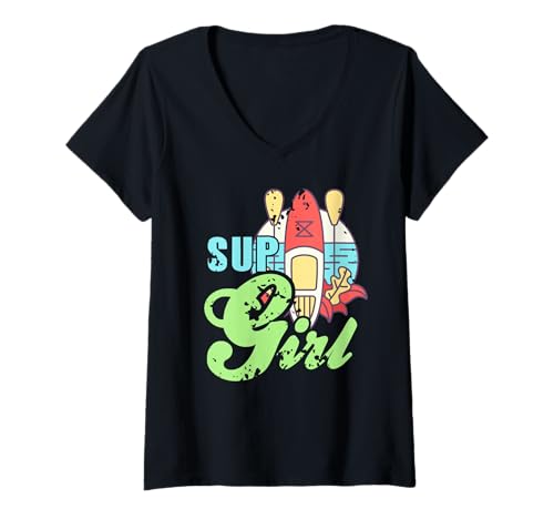 Damen SUP Mädchen Paddleboard Sommer Strand Sport Fan T-Shirt mit V-Ausschnitt von Stehpaddel Meer Mädels Wasserliebhaber