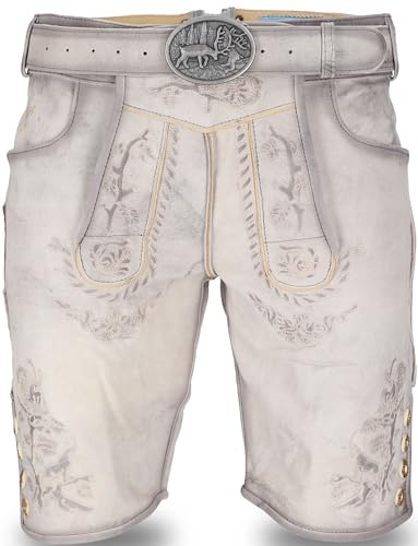 STEIGENHÖFER Lederhose Herren Tracht kurz - Franz - Vintage Trachtenhose mit Gürtel - 100% Rindsleder - Traditionelle Echtlederhose - Nubukleder - Ideal für Dein Oktoberfest Herren Outfit - Grau - 56 von Steigenhöfer Manufaktur