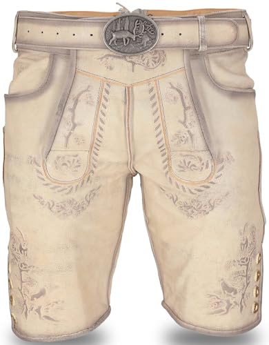 STEIGENHÖFER Lederhose Herren Tracht kurz - Franz - Vintage Trachtenhose mit Gürtel - 100% Rindsleder - Traditionelle Echtlederhose - Nubukleder - Ideal für dein Oktoberfest Herren Outfit - Beige - 58 von Steigenhöfer Manufaktur