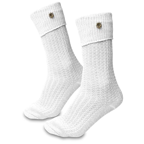 Steigenhöfer Manufaktur Trachtensocken Herren und Damen Lang – Klassische Trachtenstrümpfe im Zopfmuster – Oktoberfest Strümpfe aus Baumwolle für Männer & Frauen – Weiß mit Edelweiß – 47-48 von Steigenhöfer Manufaktur