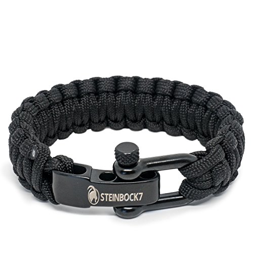 Steinbock7 Dachstein Paracord Survival Armband, verstellbarer Edelstahl Verschluss, E-Book Anleitung zum Flechten - Camping, Outdoor, Wildnis (einfärbig - schwarz) von Steinbock7