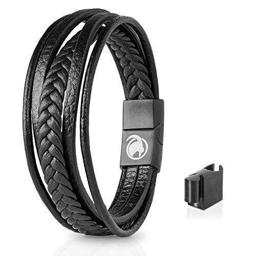 Steinbock7 Hochkar Lederarmband schwarz - Eleganter Edelstahl-Magnetverschluss, Langlebig & Stylisch, Perfekt für Urban & Outdoor, Länge 22cm - in Geschenkbox von Steinbock7