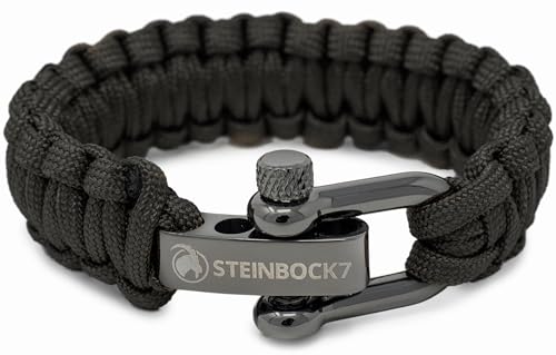 Steinbock7 Dachstein Paracord Survival Armband, verstellbarer Edelstahl Verschluss, E-Book Anleitung zum Flechten - Camping, Outdoor, Wildnis (einfärbig - Schwarz glänzend) von Steinbock7