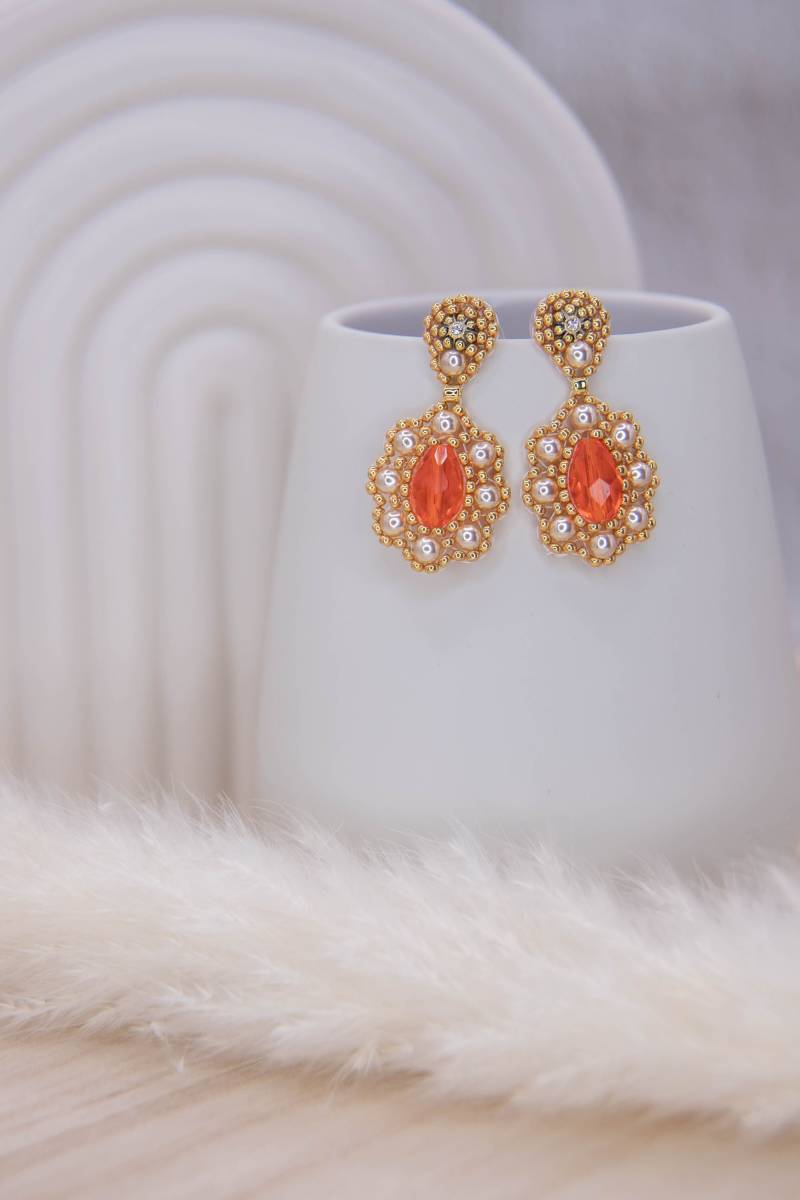 Perlenohrringe, Edelstahl Ohrstecker in Orange, Gold, Unikat, Elegante Ohrringe, Statement Brautschmuck, Brickstitch von SteinerlSchmuck