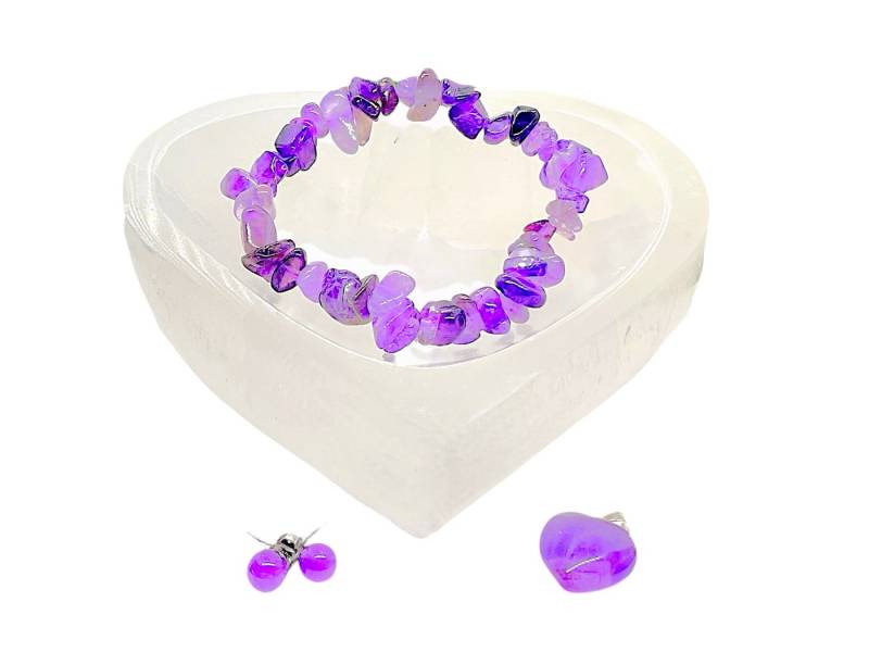 Steinfixx® Schmuckset Amethyst Schmuckset mit hochwertiger Selenit Herzschale 10cm (4 teiliges Set, 4-tlg., Chakrasteine - Heilsteine - Amethyst - Energiebringer), tanken Sie Energie und Kraft - durch Amethyst von Steinfixx®
