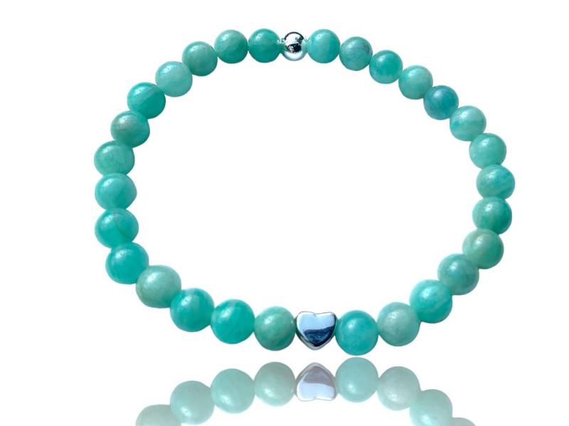 Steinfixx® Perlenarmband Amazonit "Ice" mit 925 Silberperle und edler Geschenkbox (Handmade in Germany, 1-tlg., Edelsteinarmband, runde Perlen, gegen Unruhe und Stress), mit Herz oder Stern je nach Variante, Energieschmuck aus der Natur von Steinfixx®