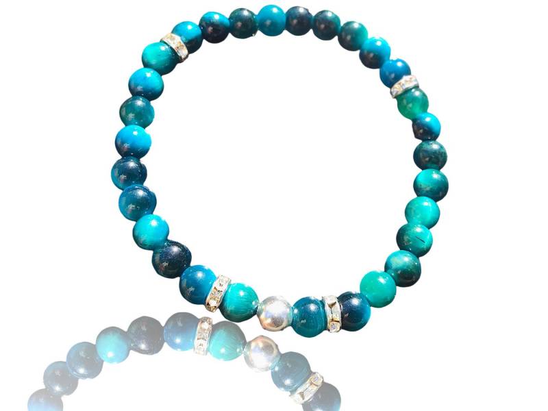 Steinfixx® Perlenarmband Blaues Tigerauge Perlenarmband handgemacht mit 925 Silber Perle (elegant schillernd in blau-türkis, 1-tlg., versilberte Trenner, Handmade), starker Schutzstein gegen negative Energien von Steinfixx®