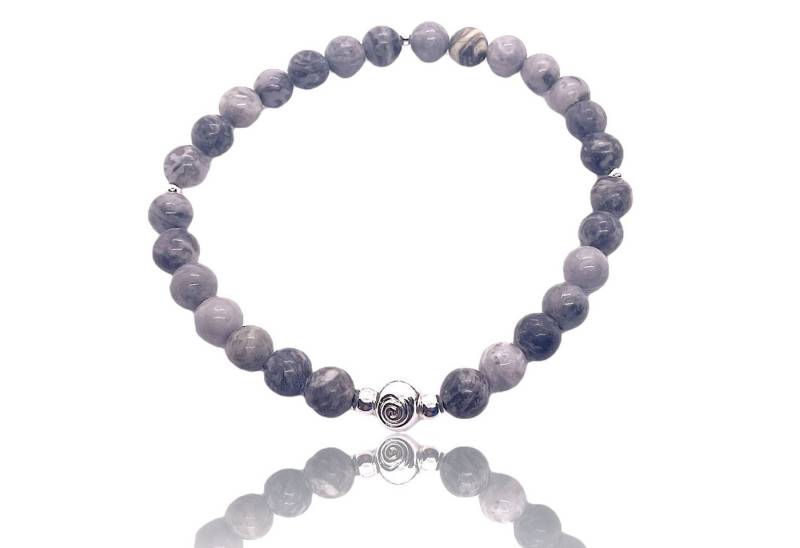 Steinfixx® Perlenarmband Edelstein Armband aus grauem Picasso Jaspis in Geschenkbox (starker Meditationsstein, 1-tlg., Kreativität und Ausdauer, elastisch), mit Herz oder Strukturperle, Handmade in Germany, 18 cm, Natursteine von Steinfixx®