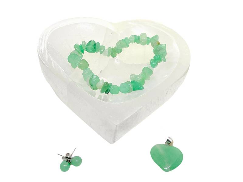 Steinfixx® Schmuckset Aventurin grün mit hochwertiger Selenit Herzschale 10cm (4 teiliges Set, 4-tlg., Chakrasteine - Heilsteine - Aventurin grün - Energiebringer), der Anti-Stress-Stein Aventurin, Ruhe und Gelassenheit von Steinfixx®