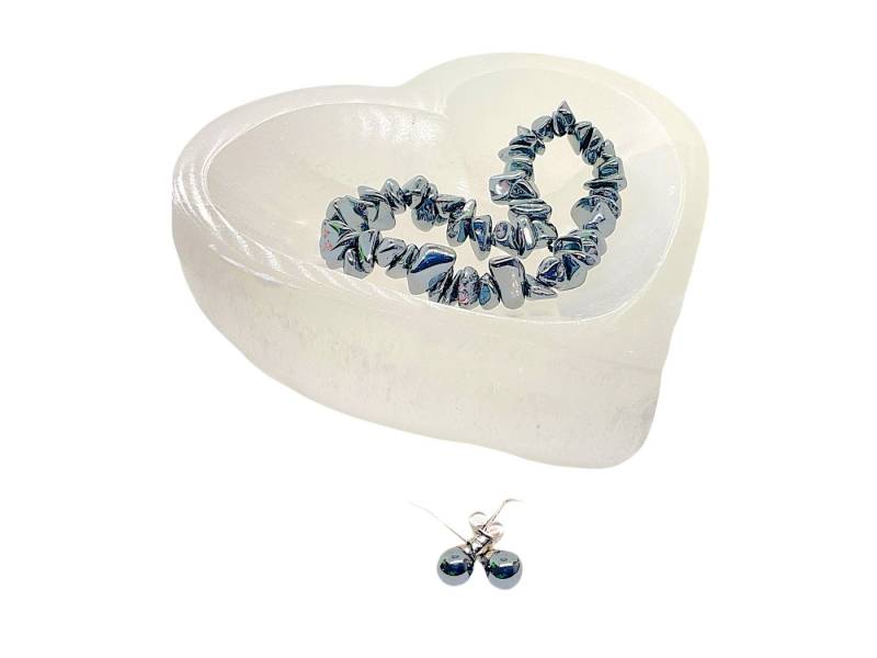 Steinfixx® Schmuckset Hämatit Schmuckset mit hochwertiger Selenit Herzschale 10cm (3 teiliges Set, 3-tlg., Chakrastein - Heilsteine - Hämatit - Energiebringer), tanken Sie Energie und Kraft - durch Hämatit von Steinfixx®