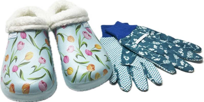 Steinnacher Bärbel Damen Gartenclogs Hellblau Tulpen gefüttert mit Gartenhandschuhen Clog von Steinnacher Bärbel