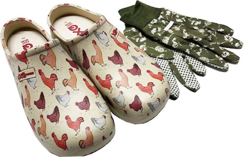 Steinnacher Bärbel Damen Gartenclogs mit Hühnermotiv und passenden Handschuhen Clog von Steinnacher Bärbel