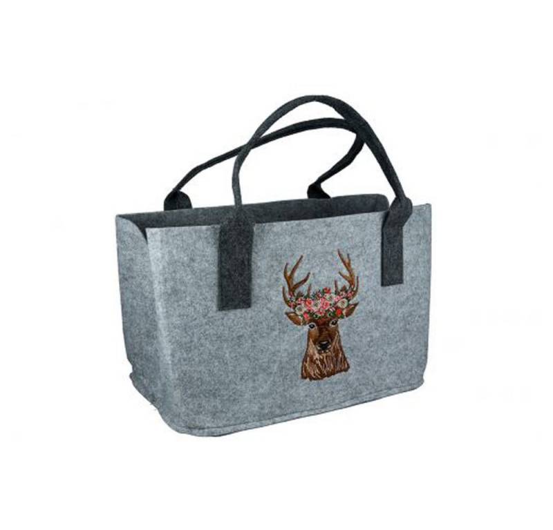 Steinnacher Bärbel Einkaufsshopper Filztasche Hirschkopf mit Blumen hellgrau von Steinnacher Bärbel