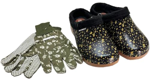 Steinnacher Gartenclogs Damen Ketti schwarz mit Blumenmuser mit Kunstfell gefüttert mit passenden Gartenhandschuhen (schwarz, EU Schuhgrößensystem, Erwachsene, Damen, Numerisch, M, 41) von Steinnacher