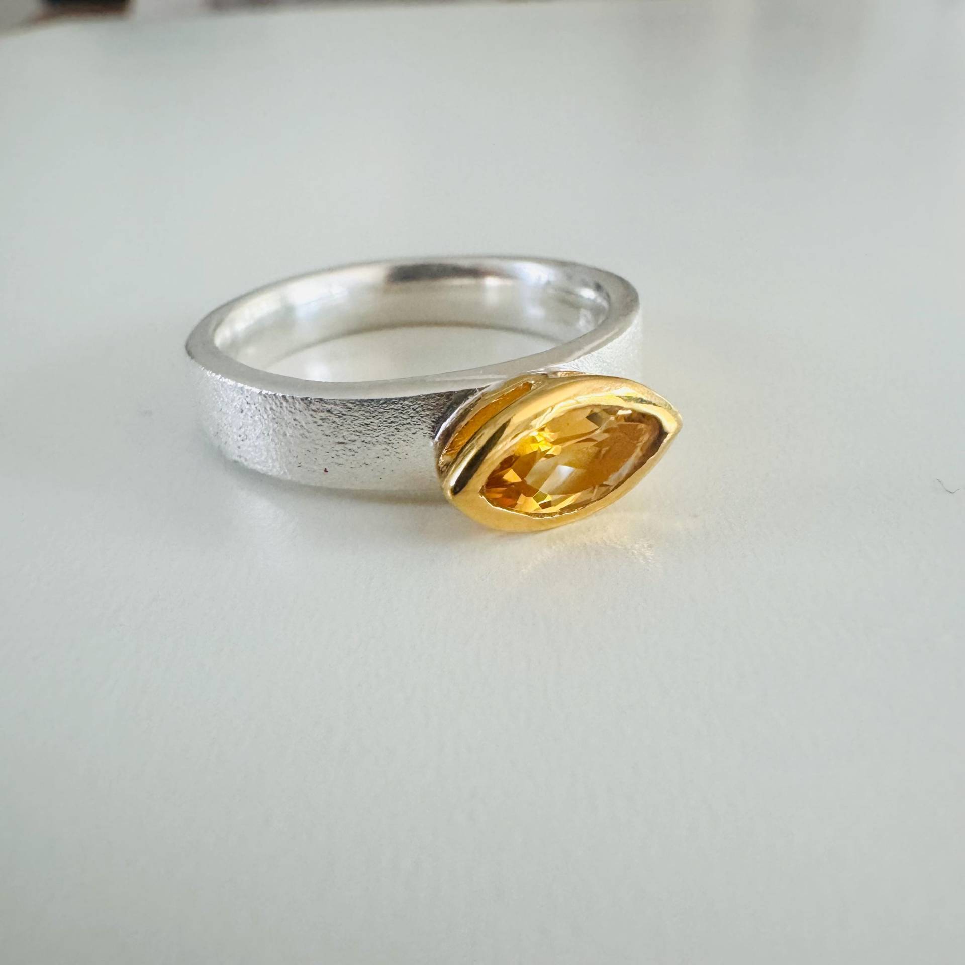 Citrin Ring Navette 925 Sterling Silber/Teilvergoldet von SteinschmuckWeltShop
