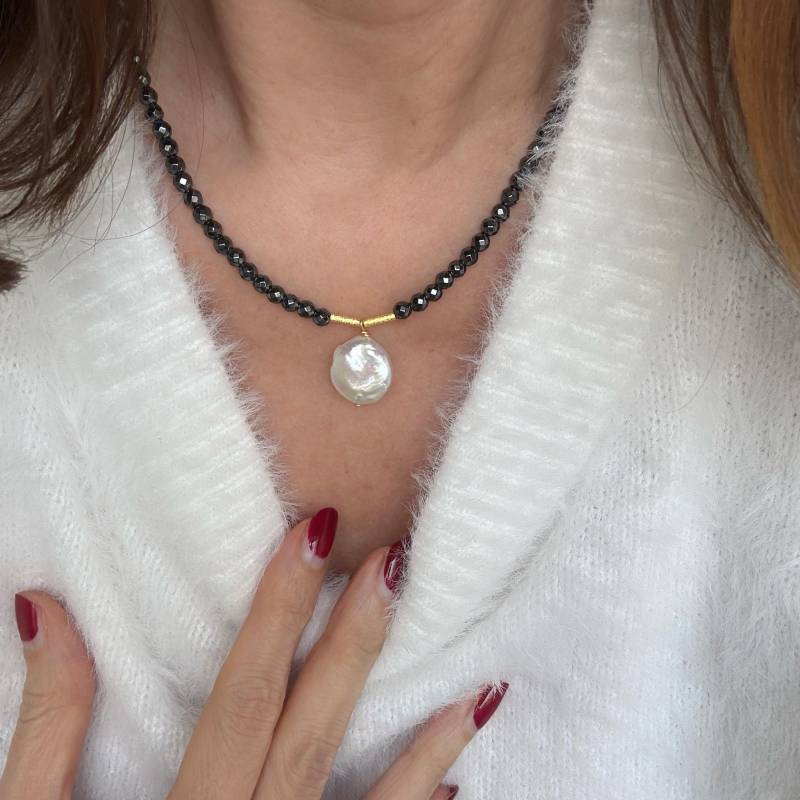 Hämatit Kette Mit Keshi Perle 925 Sterling Silber Vergoldet von SteinschmuckWeltShop