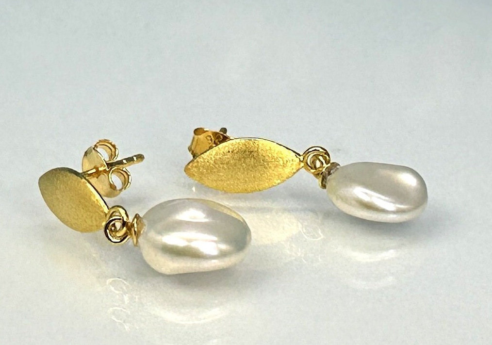 Ohrringe Echte Perle Gold von SteinzauberShop