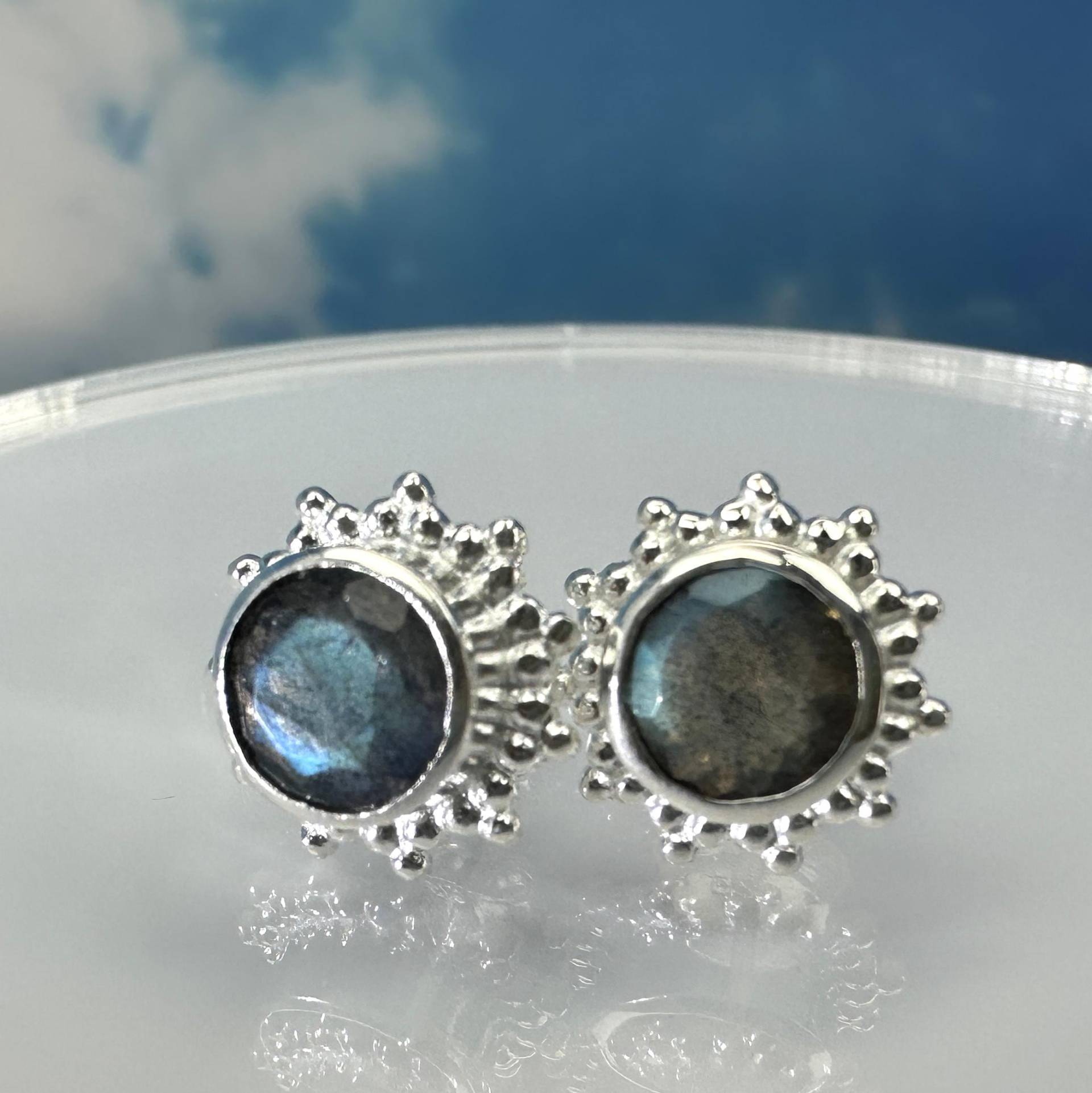 Ohrringe Labradorit Stecker Sonnen 925 Silber von SteinzauberShop