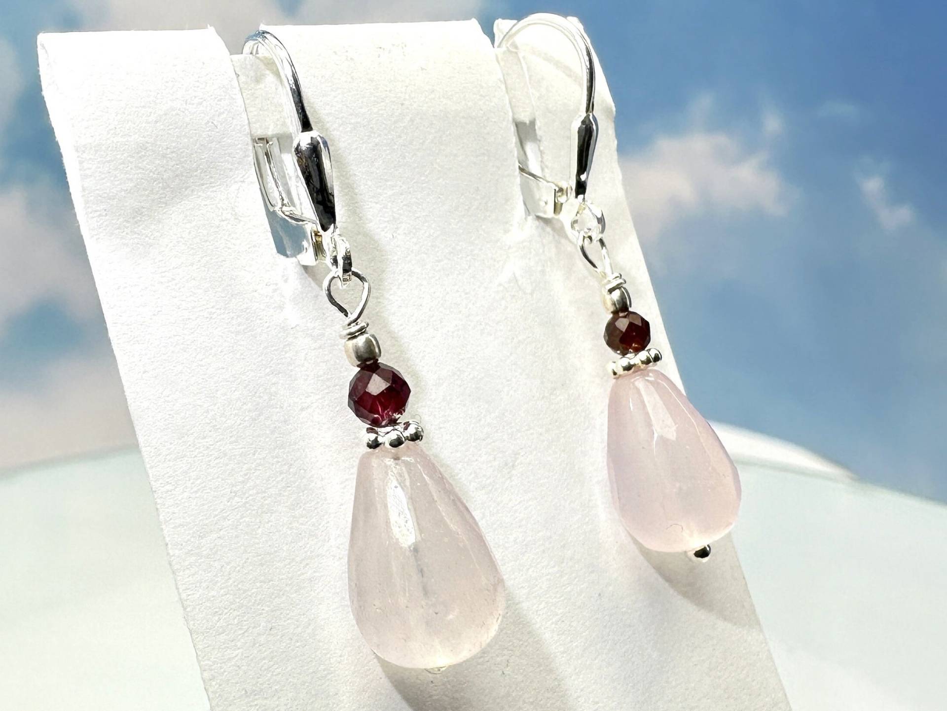 Ohrringe Rosenquarz Granat 925 Silber von SteinzauberShop