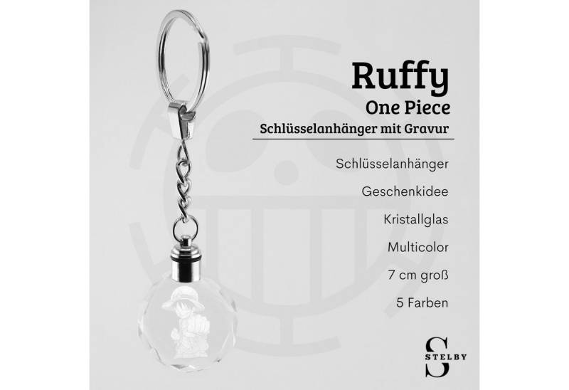 Stelby Schlüsselanhänger mit Gravur OnePiece Schlüsselanhänger Ruffy Multicolor LED mit Geschenkbox (Perfekt für Geburtstage und Weihnachten, 1-tlg., Robustes Glasmaterial, leuchtet in 5 Farben), Farbwechsel, langlebig, modernes Design von Stelby