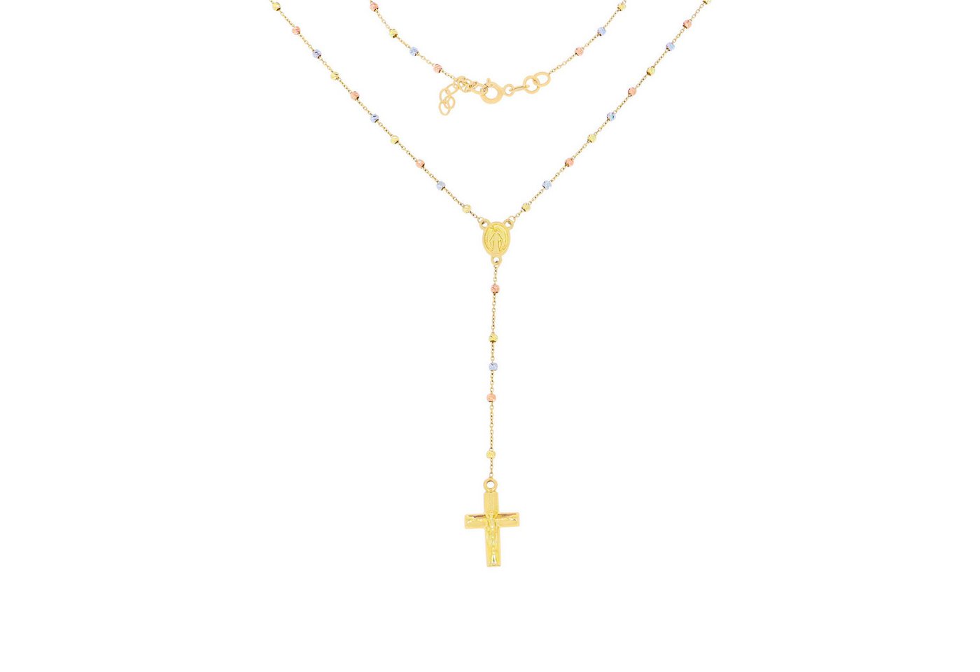 Stella-Jewellery Collier 585er Gold Rosenkranz Tricolor m. diam. Kugeln 2mm, Rosenkranz mit Anhänger Kreuz und Heilige Maria von Stella-Jewellery