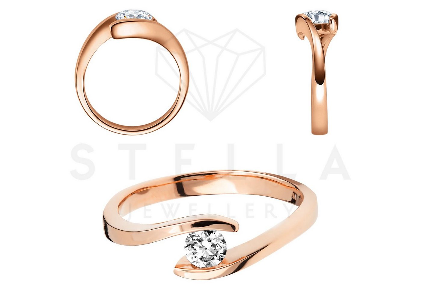 Stella-Jewellery Solitärring 585er Rotgold Spannring mit Diamant 0,10 ct. (inkl. Etui), mit Brillant 0,15ct. - Poliert von Stella-Jewellery