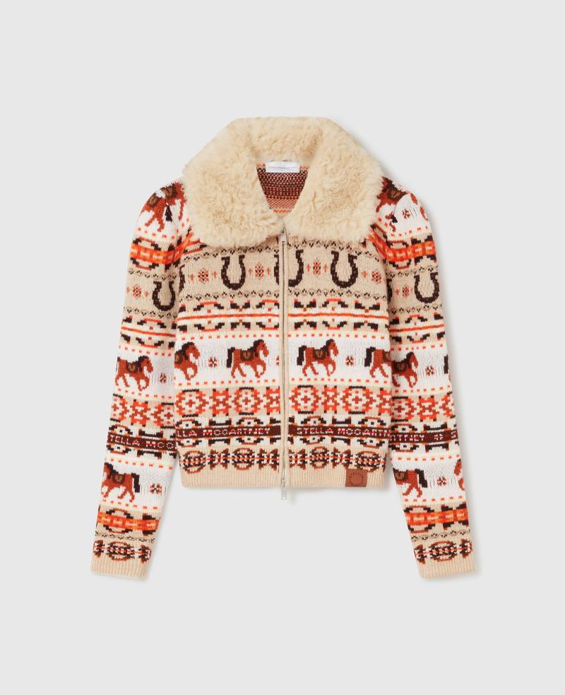 Stella McCartney - Fair Isle Strickjacke aus Wolle mit Teddystoff-Kragen, Frau, Fair Isle, Größe: L von Stella McCartney