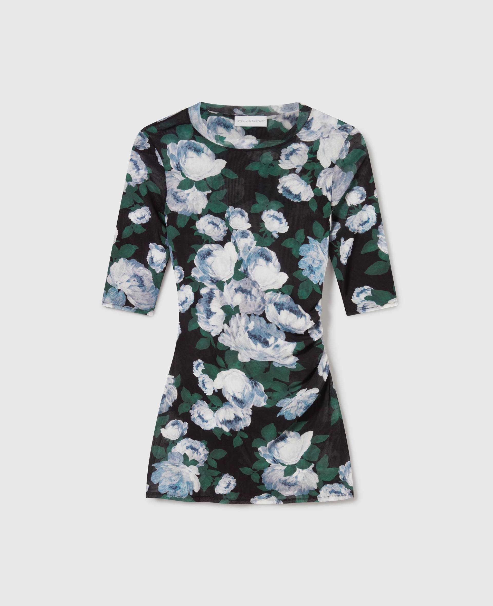 Stella McCartney - Geblümtes Mesh-Top mit Dreiviertelärmeln, Frau, Blau geblümt, Größe: XS von Stella McCartney