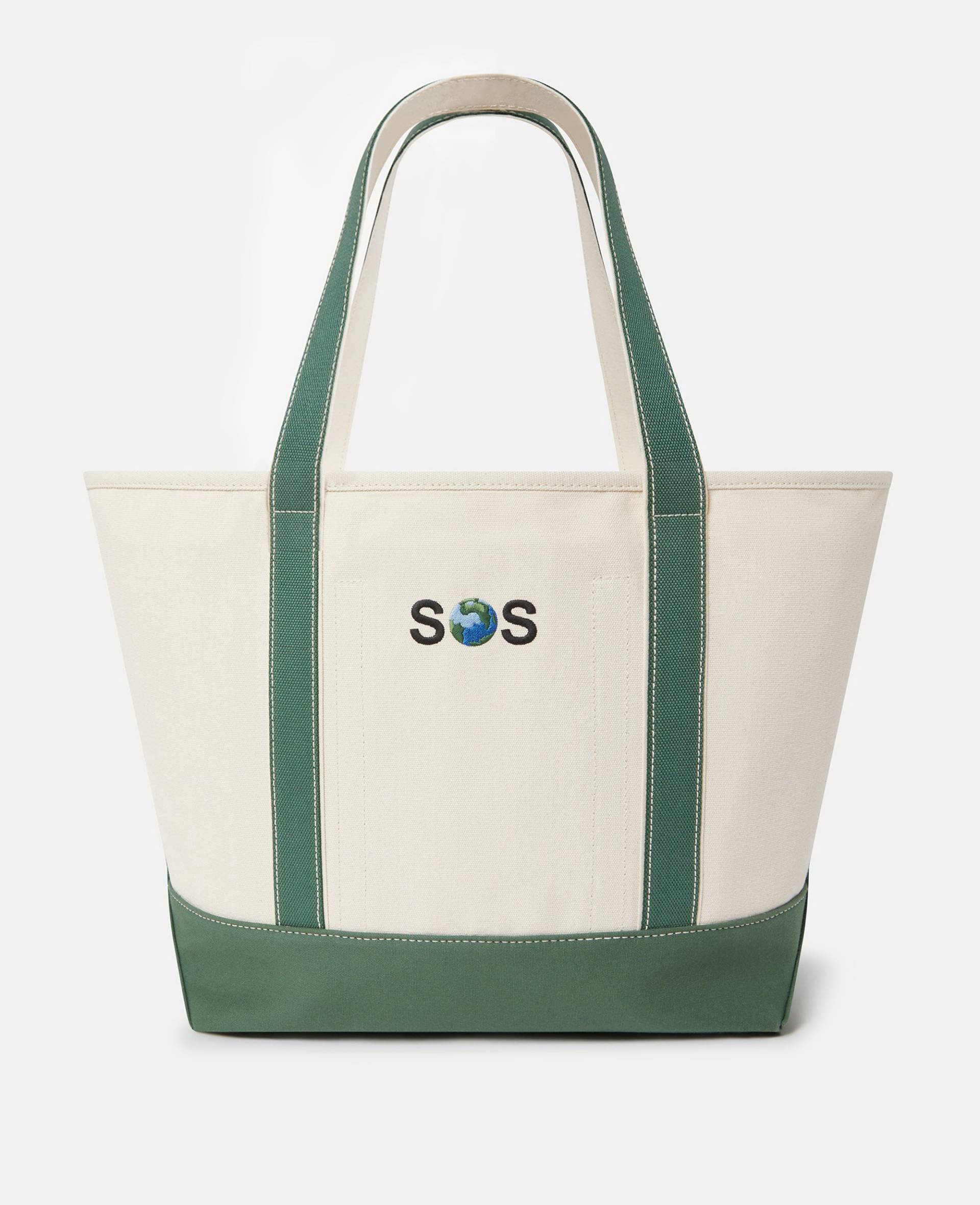 Stella McCartney - SOS Embroidered Large Tote Bag, Frau, Dünenbeige/Amazonasgrün von Stella McCartney