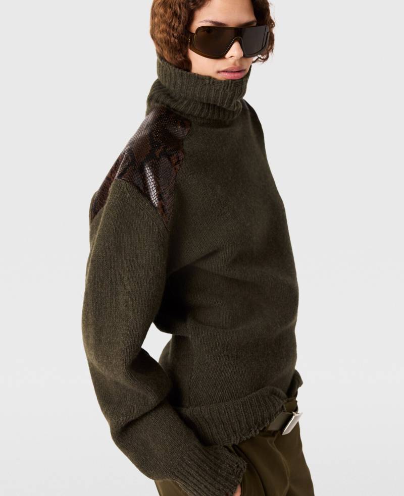 Stella McCartney - Rollkragenpullover mit Schlangen-Optik-Einsatz, Frau, Dunkel khaki, Größe: L von Stella McCartney