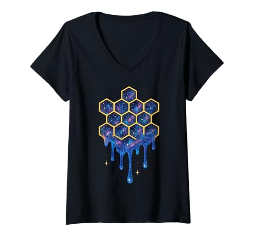 Damen Science-Fiction-Grafikstück mit Galaxy Honeycomb Drip Space-Muster T-Shirt mit V-Ausschnitt Damen Science-Fiction-Grafikstück mit Galaxy Honeycomb Drip Space-Muster T-Shirt mit V-Ausschnitt von Stellar Hive