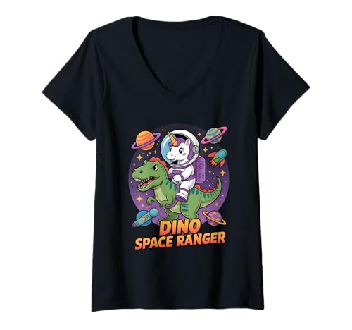 Damen Dino Space Ranger - Einhorn Astronaut Reiten T Rex Dinosaurier T-Shirt mit V-Ausschnitt von Stellar Imagination